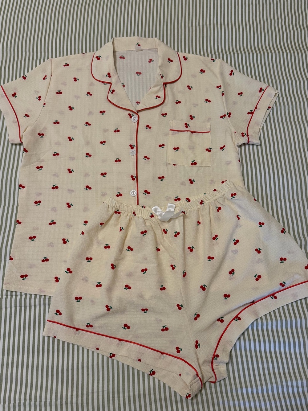 Cream Cherry Print Short Pajama Set with Red Piping
